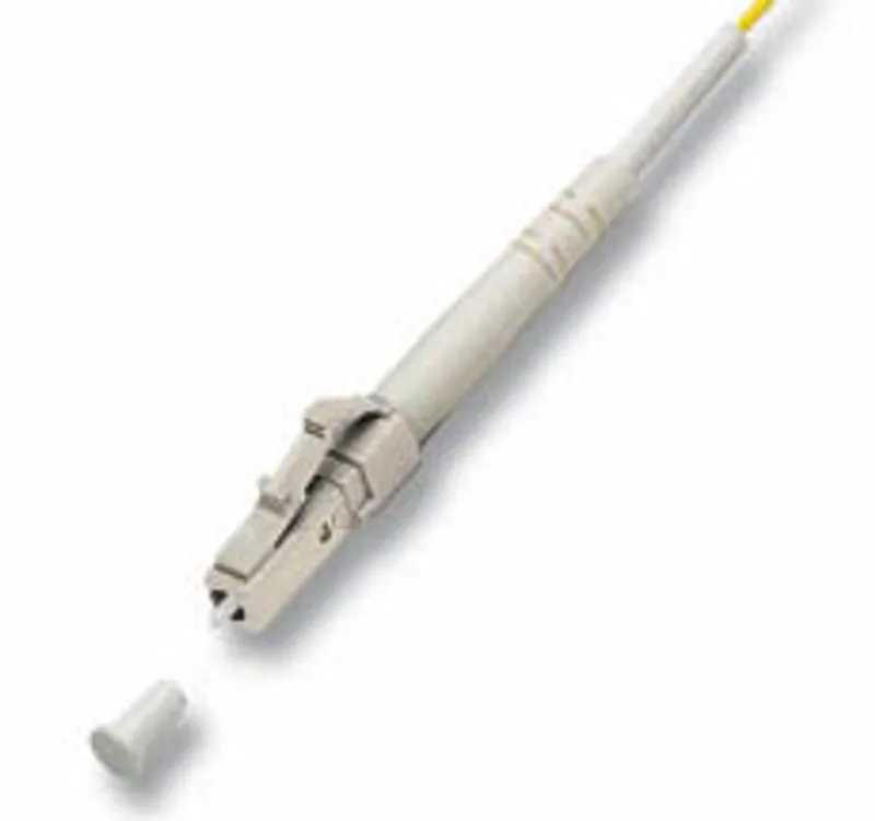 Connecteur fibre optique LC beige avec câble jaune ADQ/UDQ, embout de protection détaché et mécanisme de verrouillage
