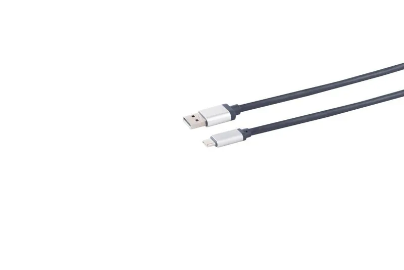Câble USB-C vers USB-A 2.0 de 2m en bleu foncé avec connecteurs en aluminium, présenté en angle sur fond blanc.