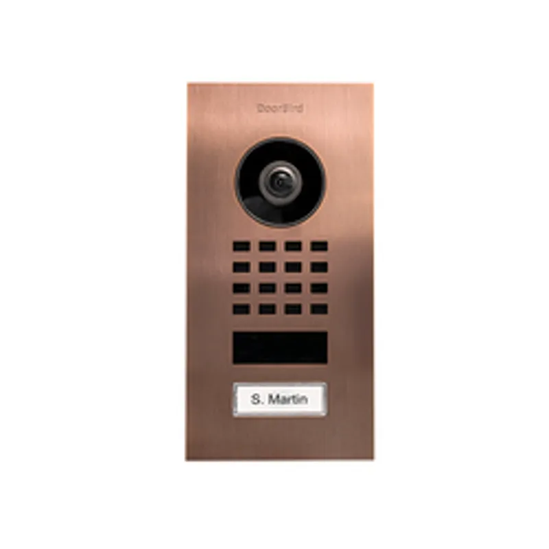 DoorBird D1101V Unterputz-Video-Türsprechanlage in Bronze-PVD-Optik mit Kamera, Lautsprecher, Klingelknopf und Namensschild