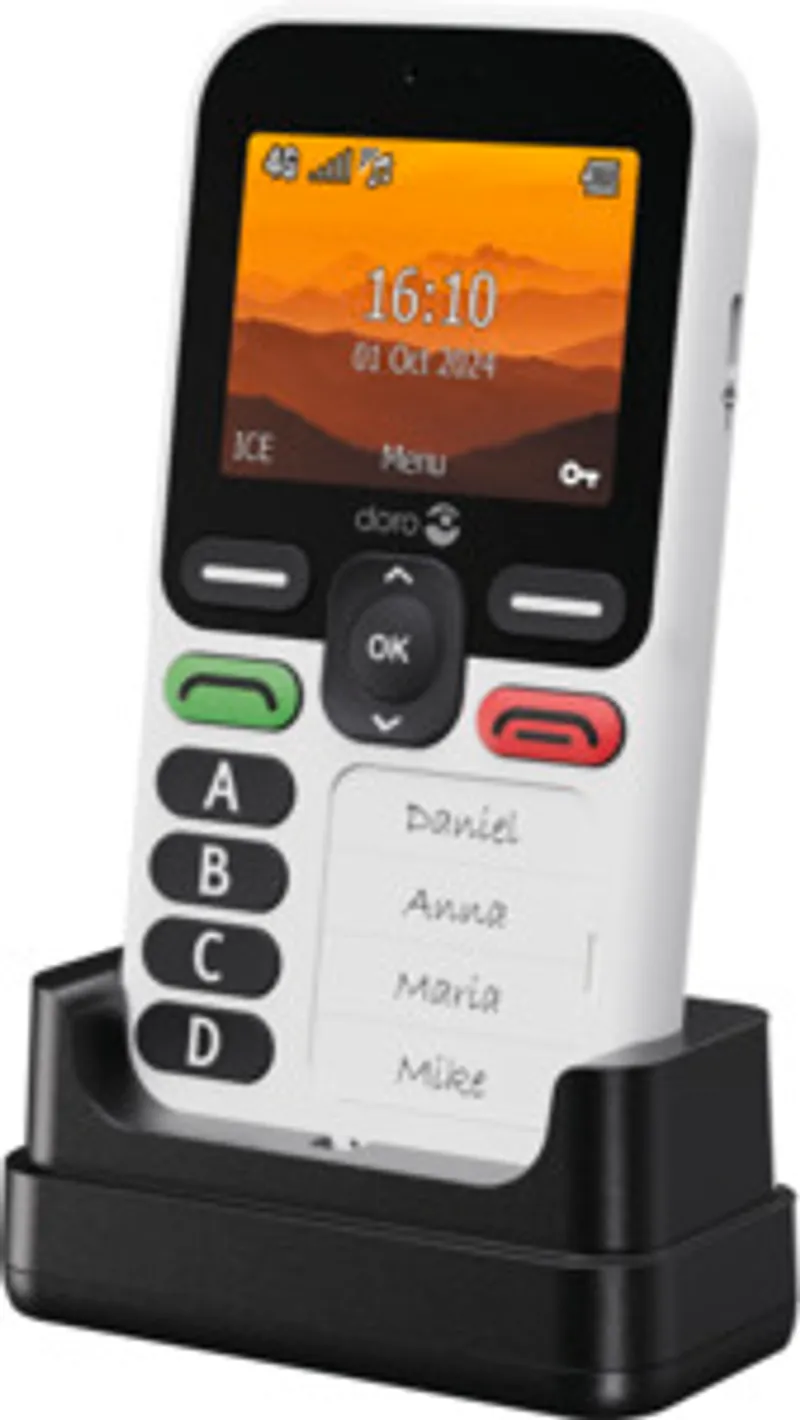 Doro Leva X10 LTE, telefono a tasti bianco in carica su base nera con display che mostra ora e data e tastierino con tasti