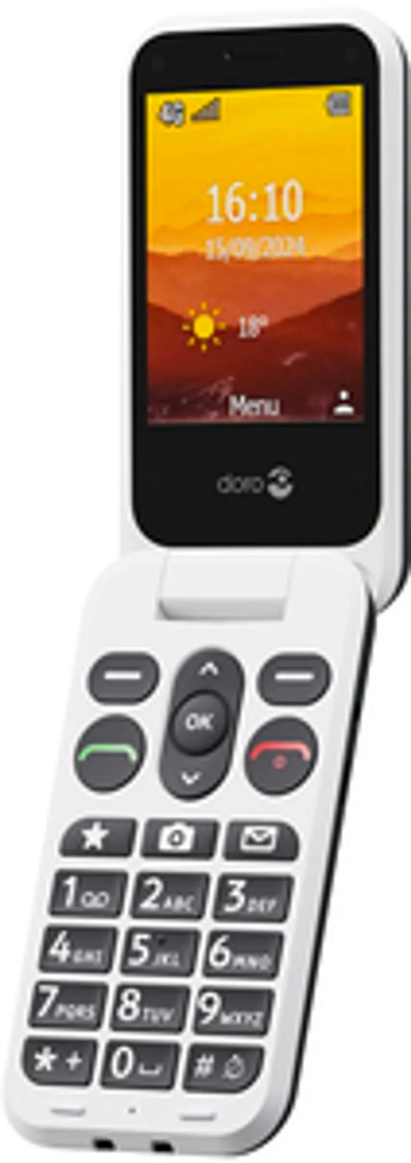 Teléfono Doro Leva L20 en blanco y negro abierto mostrando pantalla con hora y teclado de botones grandes para uso sencillo