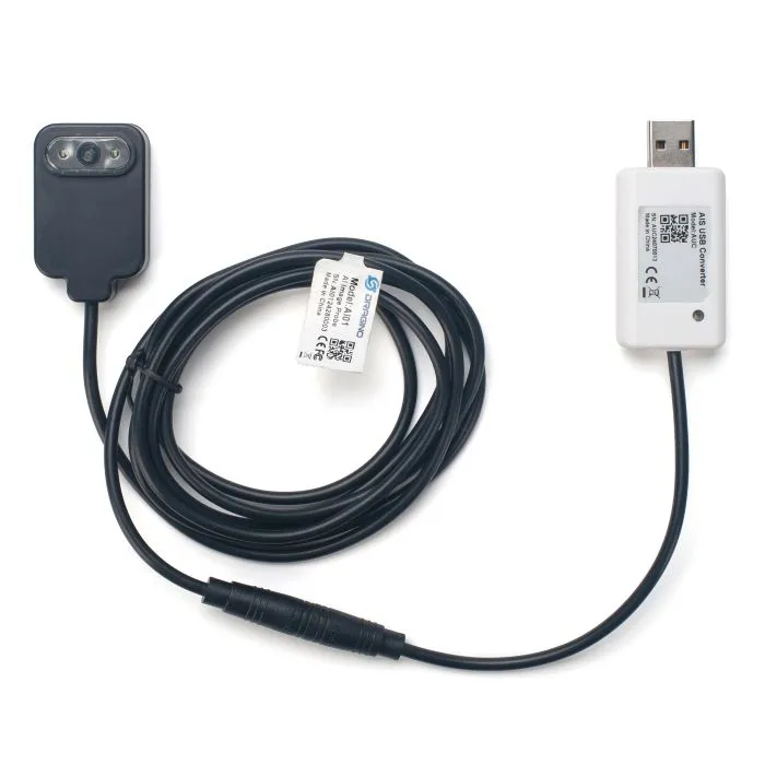 DRAGINO LoRa AI-Bildsensor AIS01-LB-EU868 mit schwarzem Gehäuse, zentraler Linse, USB-Adapter und Anschlusskabel für DRAGINO LoRa AI-Bildsensor AIS01-LB-EU868 mit schwarzem Gehäuse, zentraler Linse, USB-Adapter und Anschlusskabel für