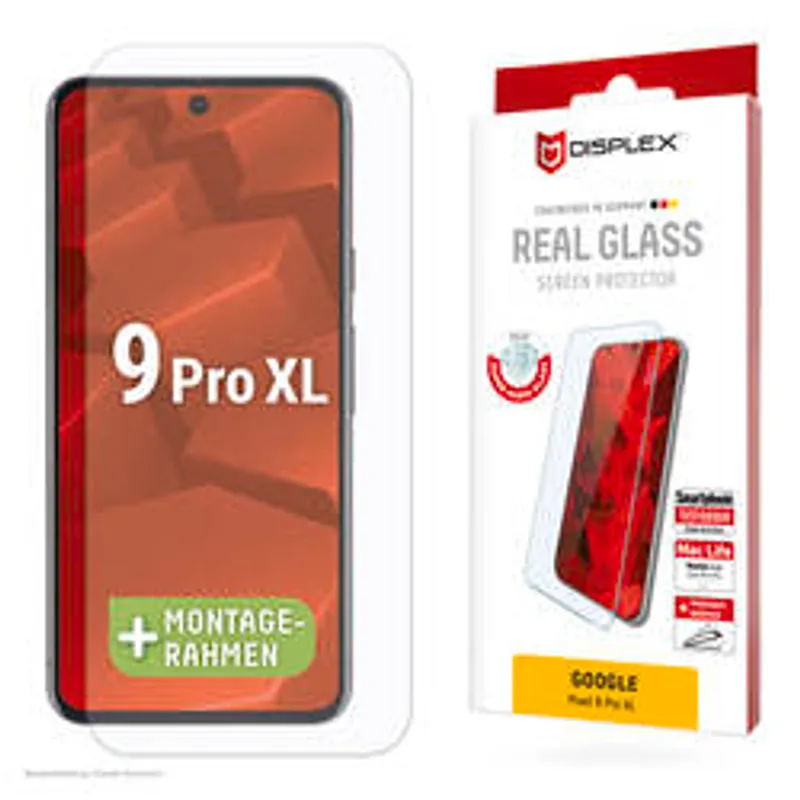 Protector de pantalla DISPLEX Real Glass para Google Pixel 9 Pro XL 10 Pro XL, aplicado en dispositivo mockup con fondo