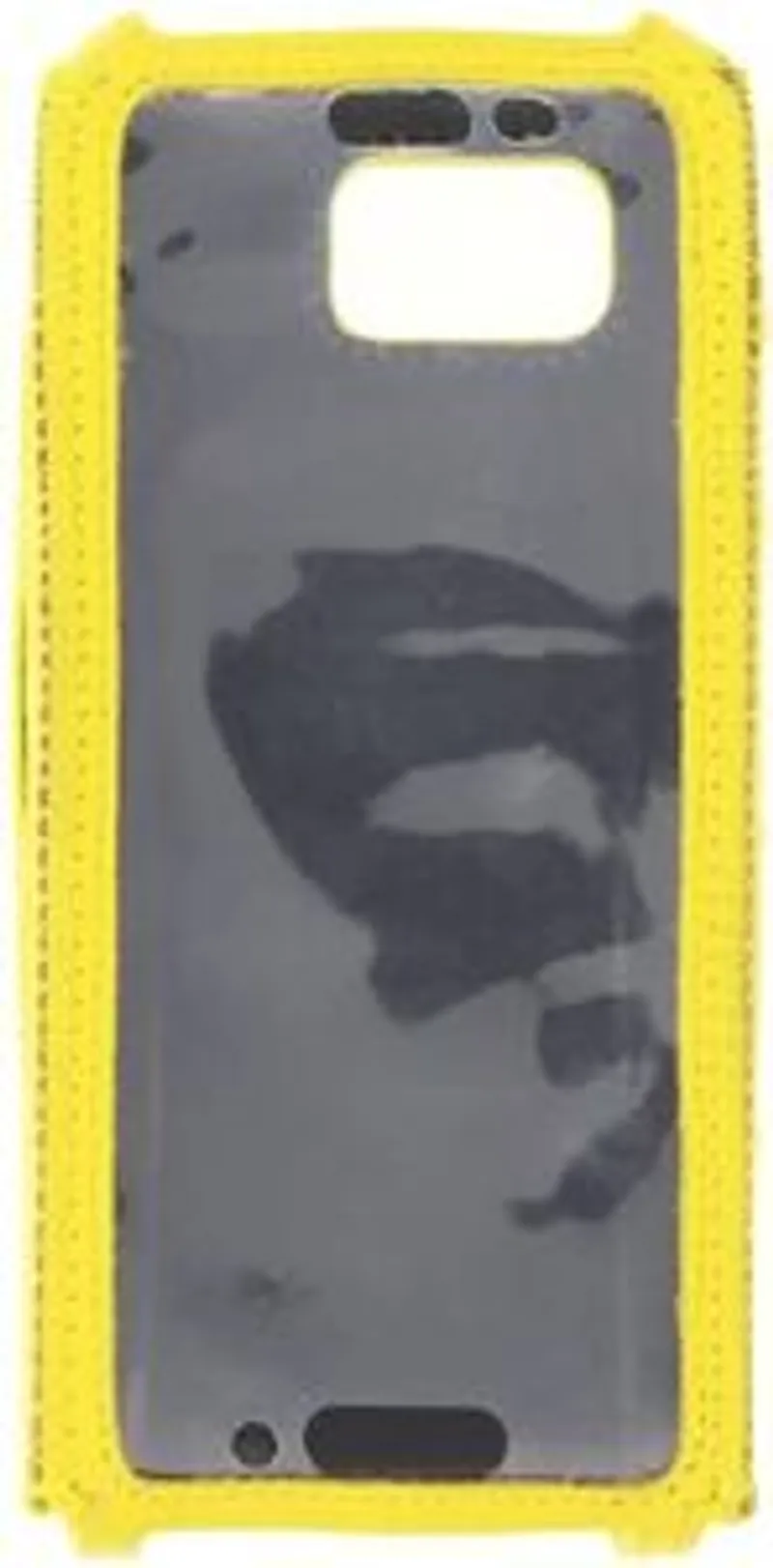 ecom LC-Ex H10 Ledertasche, Rückansicht mit dickem gelben Stoßdämpfer und dunklem halbtransparenten Rückpanel,
