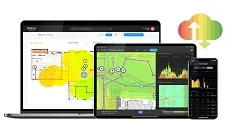 Ekahau Connect Subscription Upgrade, silver laptop tablet smartphone displaying floor plan heatmaps and data graphs with Ekahau Connect Subscription Upgrade, silver laptop tablet smartphone displaying floor plan heatmaps and data graphs with