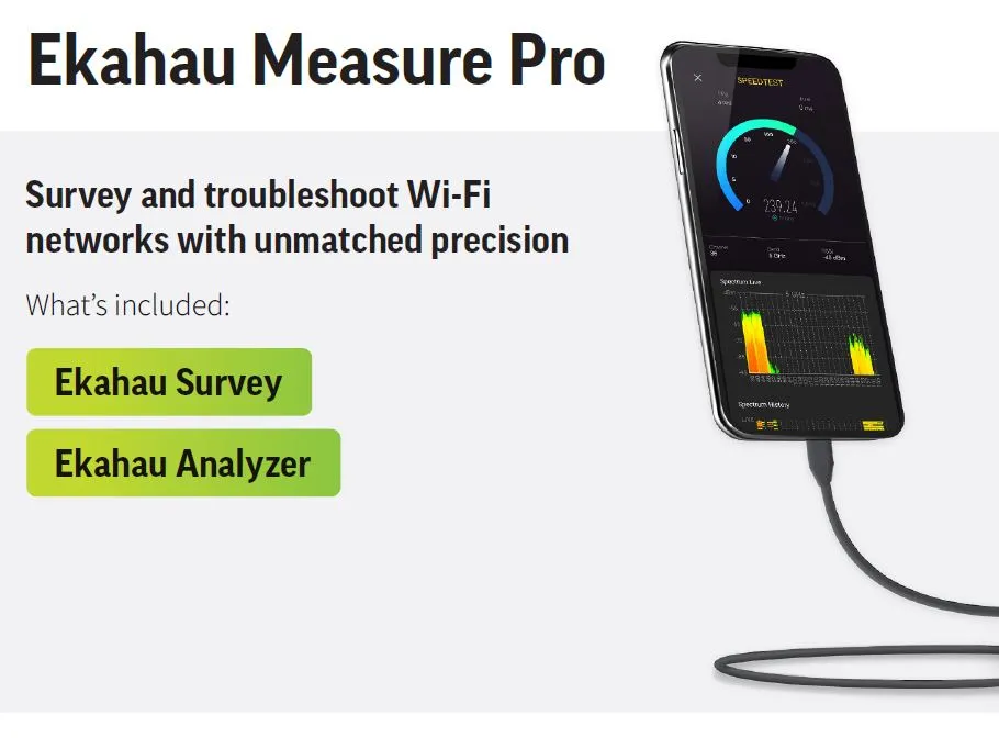 Ekahau Measure Pro Wi-Fi Planner, black smartphone displaying speed test gauge and spectrum analysis graph with green Ekahau Measure Pro Wi-Fi Planner, black smartphone displaying speed test gauge and spectrum analysis graph with green