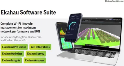 Ekahau Wi-Fi Planning Software Suite, silver laptop and smartphones displaying 3D floor plan heatmaps and spectrum analysis