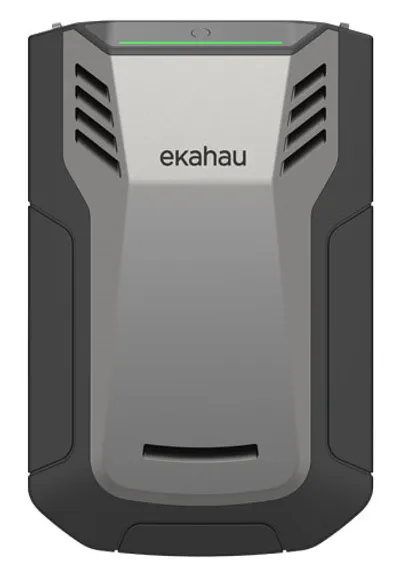 Ekahau Wi-Fi Planning Software Suite, front view of dark grey electronic device with ekahau logo, vents, green LED strip,