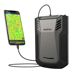 Ekahau USB Cable for Sidekick 2, connecting smartphone with colorful map interface to dark grey Ekahau hardware device