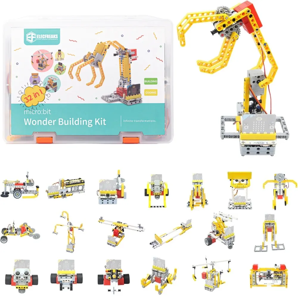 Kit de construcción ELECFREAKS micro:bit 32 en 1 con caja transparente y brazo robótico amarillo ensamblado junto a