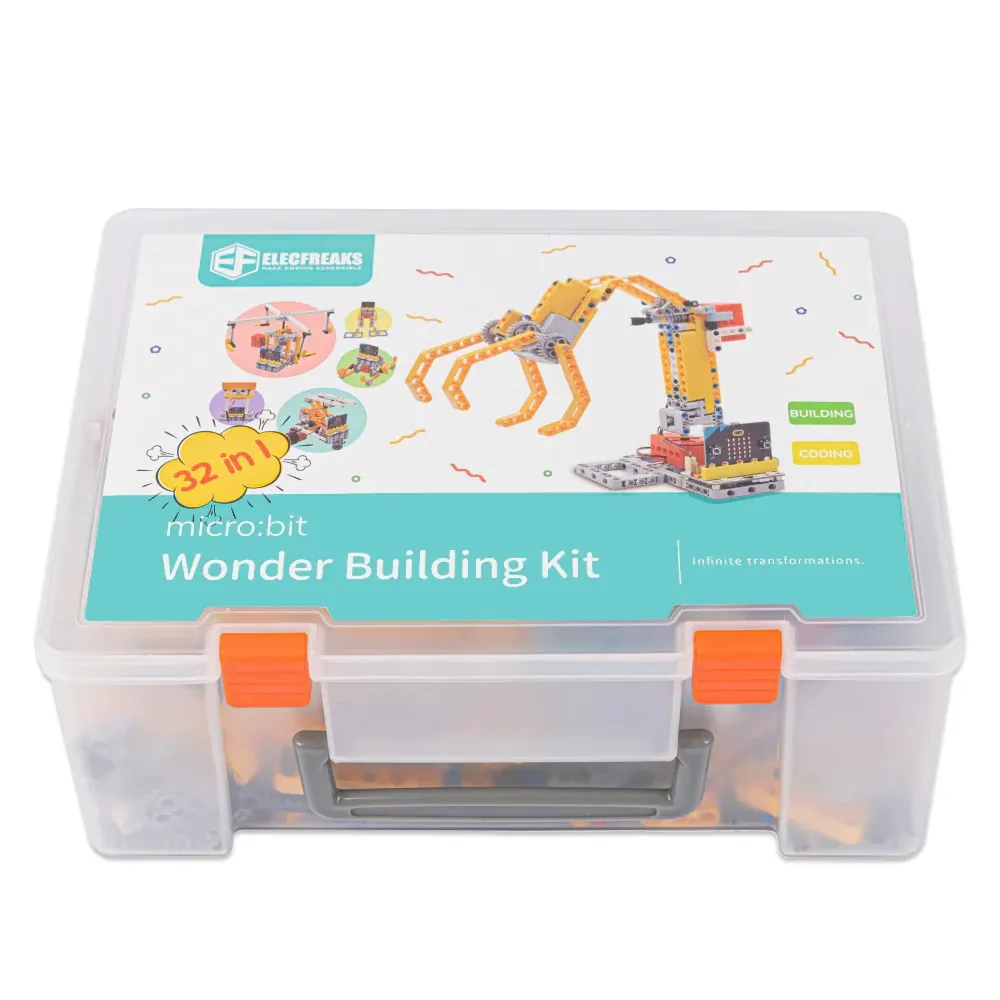 Kit de construcción ELECFREAKS micro:bit 32 en 1 en caja transparente con piezas de colores, etiqueta con robots y texto