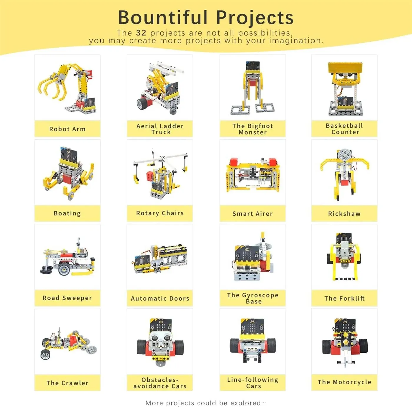 Kit ELECFREAKS micro:bit 32 en 1 con 16 modelos robóticos en rejilla 4x4 de plástico amarillo, gris y rojo para proyectos