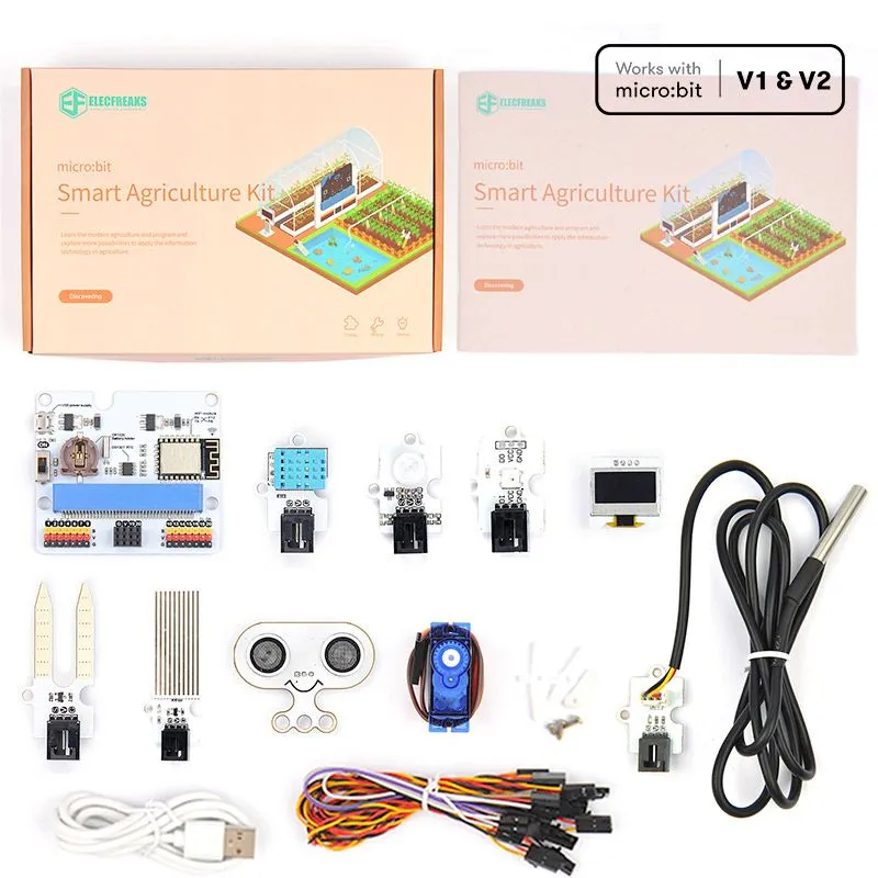 Kit ELECFREAKS Smart Agriculture per micro:bit, confezione con scheda IoT, cavi, sensori umidità suolo, pompa acqua e servo Kit ELECFREAKS Smart Agriculture per micro:bit, confezione con scheda IoT, cavi, sensori umidità suolo, pompa acqua e servo