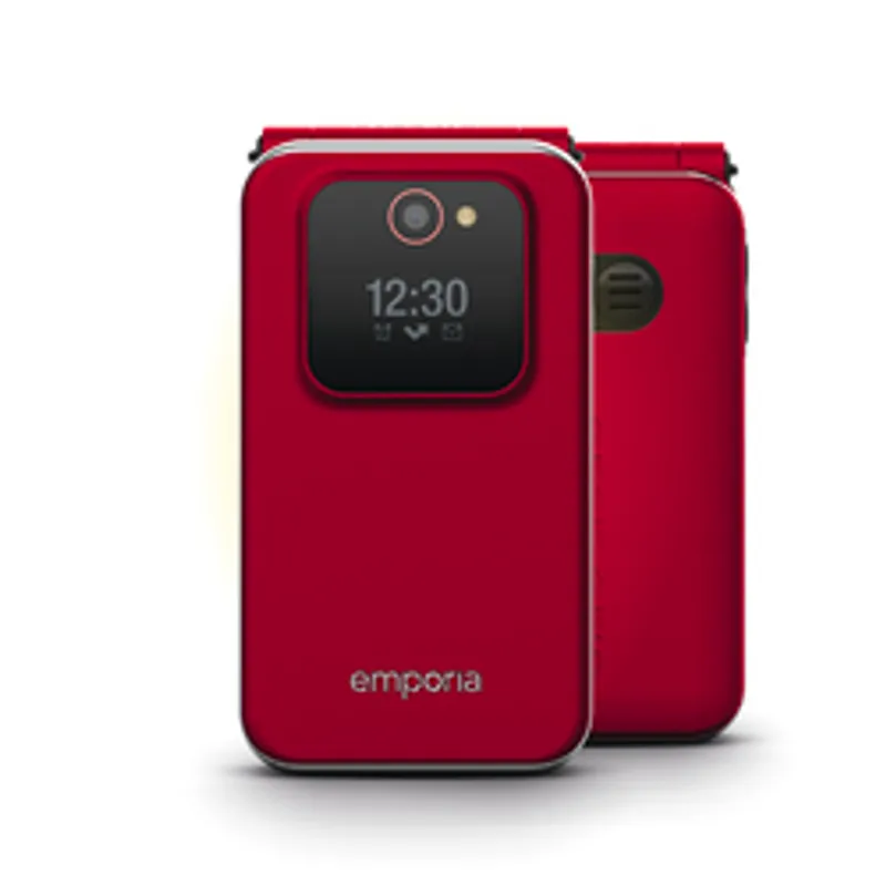 Teléfono plegable emporia JOY (rojo) 2025 con pantalla externa mostrando 12:30, cámara frontal y logo en vista frontal y