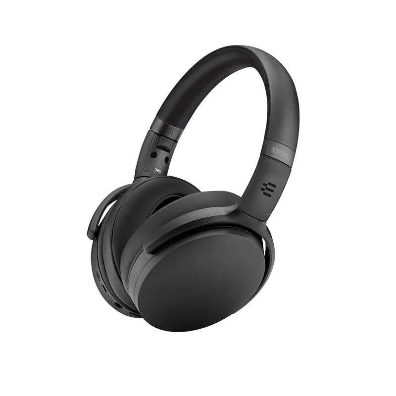Cuffie over-ear EPOS ADAPT 360 nere opache con microfono a braccio, dettagli testina e comandi laterali per gaming o lavoro.