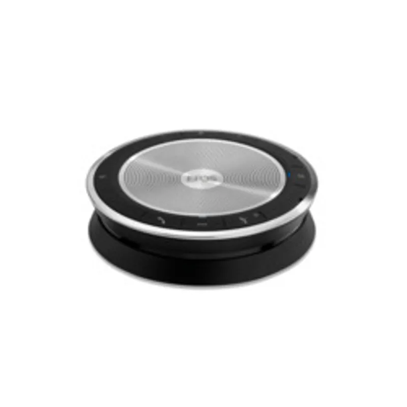 EPOS EXPAND 30, haut-parleur circulaire avec grille argentée, logo central, base noire et anneau séparateur, vu en plongée.