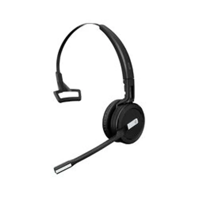 Чёрная гарнитура EPOS IMPACT SDW 5013 с одним наушником в профиль на белом фоне микрофоном и регулируемым оголовьем.