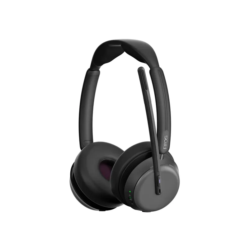Cuffia wireless EPOS IMPACT 1060T nera con microfono a braccio, padiglioni over-ear in tessuto bordeaux e LED verdi, ideale
