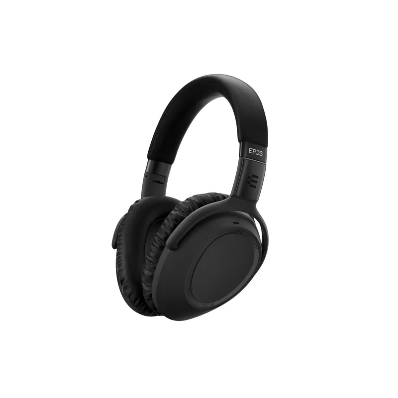 Беспроводные наушники EPOS ADAPT 660 USB-A с черными амбушюрами и регулируемым оголовьем, вид справа на порты и логотип на