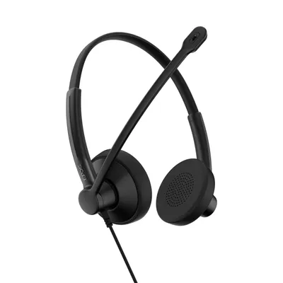 Casque EPOS IMPACT 100 MS stéréo noir avec micro ajustable et câble USB-C+A vu en trois-quarts sur fond blanc. Casque EPOS IMPACT 100 MS stéréo noir avec micro ajustable et câble USB-C+A vu en trois-quarts sur fond blanc.