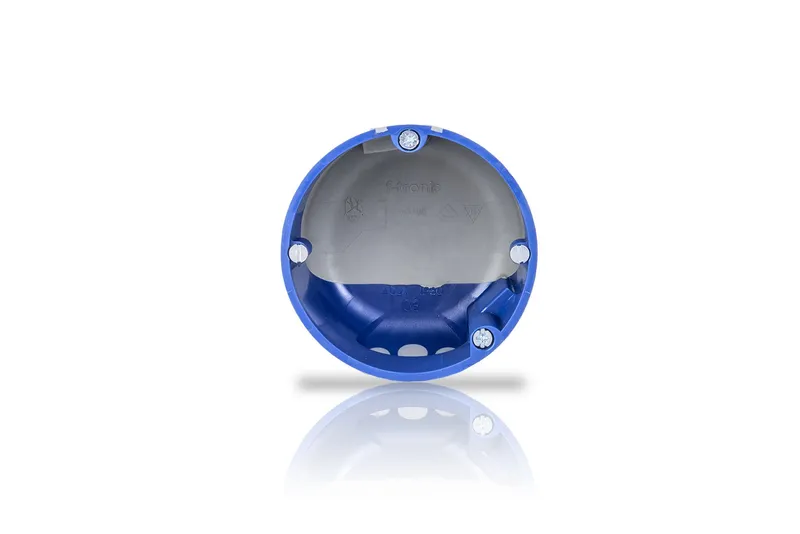 f-tronic HW LAN-Dose E5100 airtight electrical housing back view with grey backplate, three screws, and cable entry