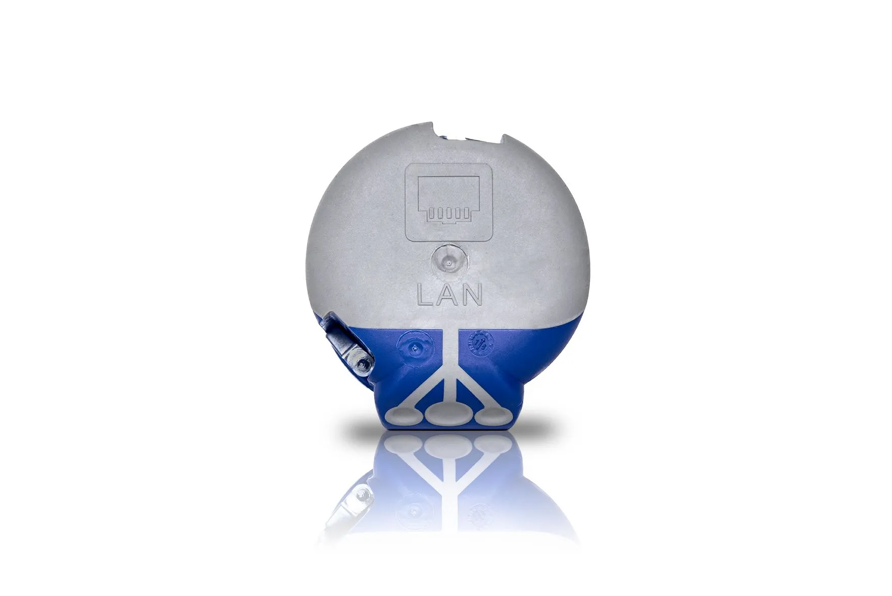 f-tronic HW LAN-Dose airtight wall socket with silver LAN port icon and blue base on reflective surface f-tronic HW LAN-Dose airtight wall socket with silver LAN port icon and blue base on reflective surface