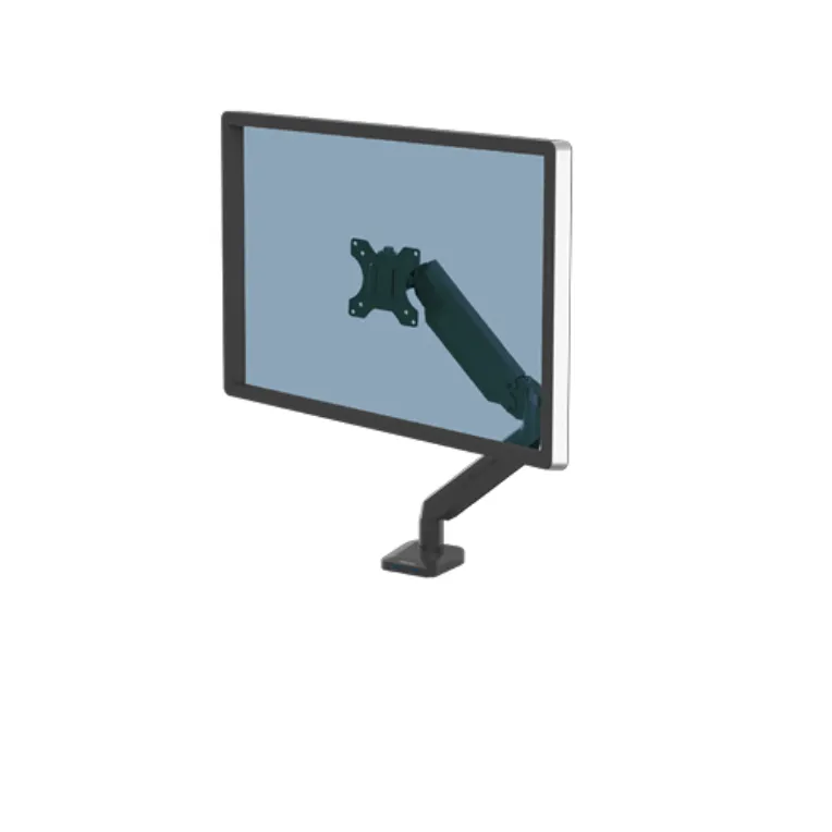Soporte monitor Fellowes TIS 32 con brazo articulado negro para pantallas de hasta 8 kg, montado en escritorio con Soporte monitor Fellowes TIS 32 con brazo articulado negro para pantallas de hasta 8 kg, montado en escritorio con