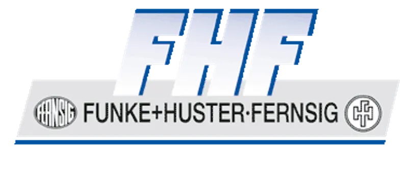 FHF логотип компании Funke+Huster+Fernsig с синими буквами и серой полосой для промышленного оборудования взрывозащиты