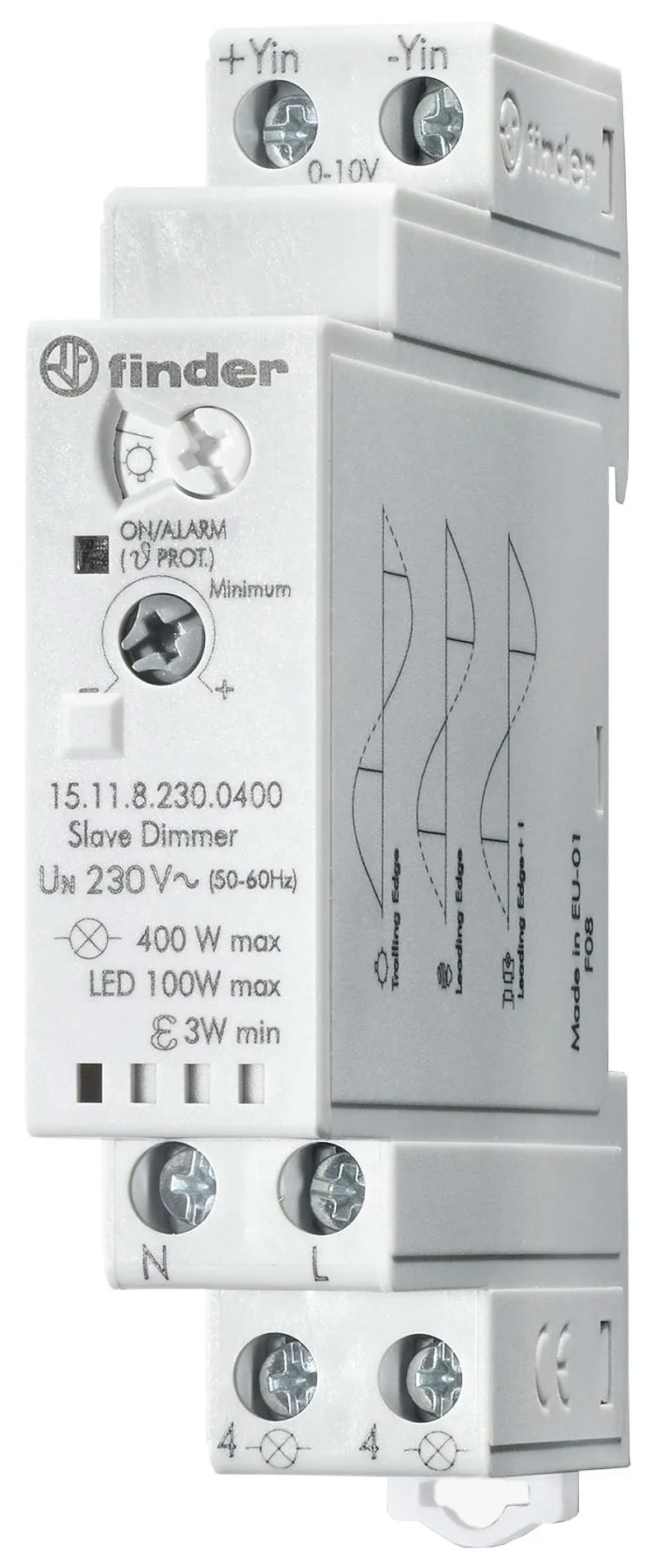 Finder Slave Dimmer für Hutschiene in weißer Ausführung mit 0-10V-Anschlüssen, Drehregler, LED-Anzeige und