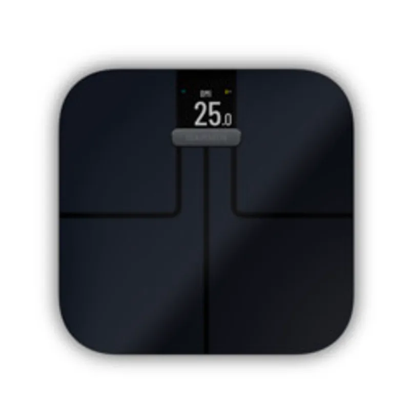 Garmin Index S2 Smart Scale in black with a glossy square design, top-down view showing digital display reading 25.0 and