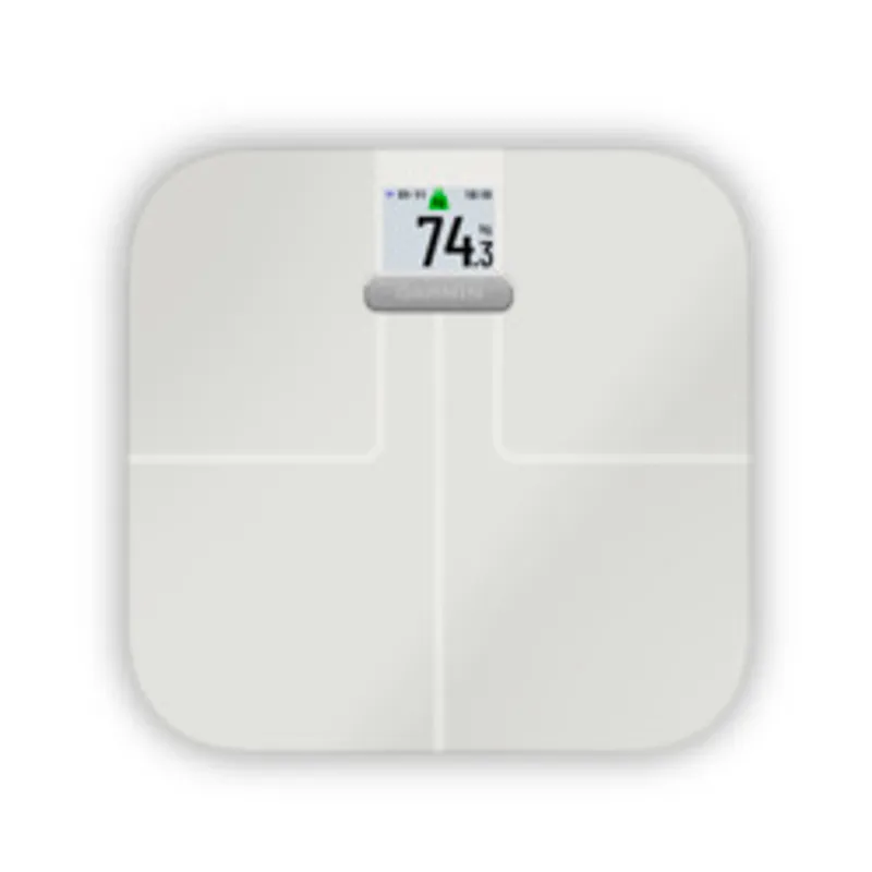 White Garmin Index S2 smart scale with rounded corners, digital display showing 74.5, and four-quadrant glass surface in a