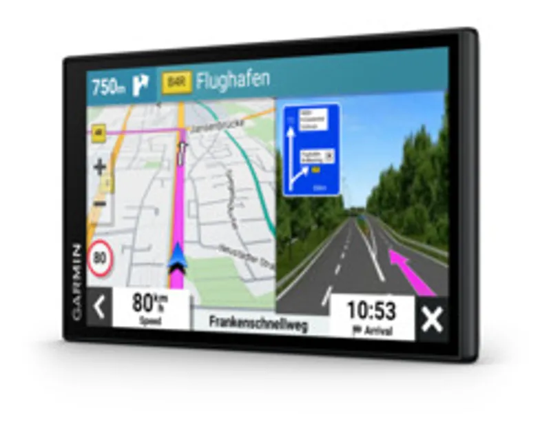 Garmin DriveSmart 66 с навигацией к аэропорту на экране маршрут по Frankenschnellweg скорость 80 км/ч.
