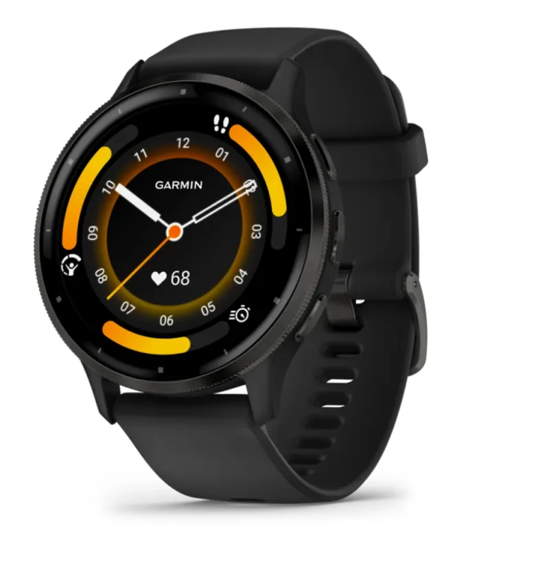 Garmin Venu 3 45mm black smartwatch with round hybrid face, orange second hand, Body Battery arcs, and silicone strap shown