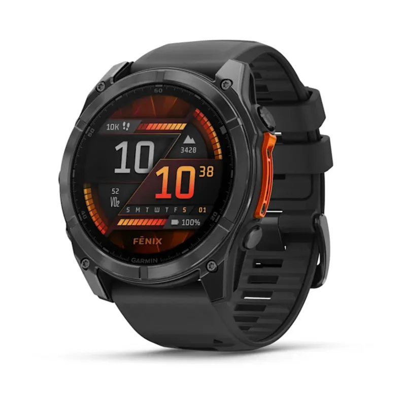 Garmin Fenix 8 51mm Grey/Black smartwatch angled view showing black silicone strap, orange-accented buttons, and fitness