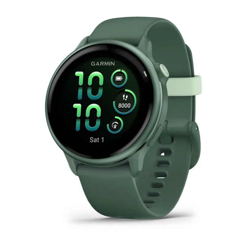 Смарт-часы Garmin Vivoactive 6 в металлическом корпусе цвета Jasper Green 42 мм с зелёным силиконовым ремешком на белом