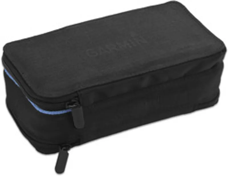 Custodia universale Garmin nera in tessuto con logo e cerniera blu vista dall’alto in posizione diagonale.