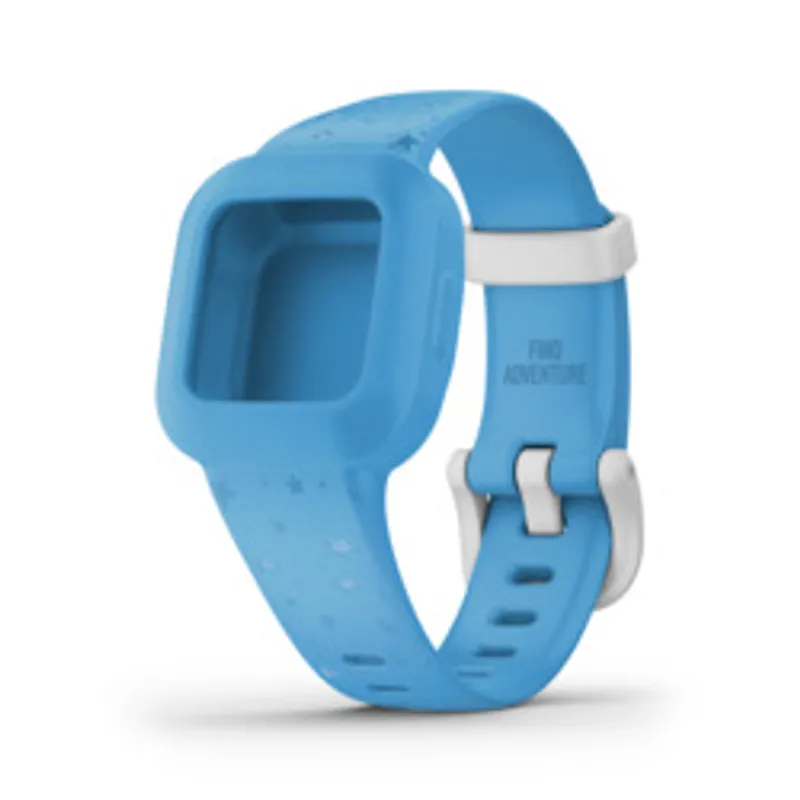 Bracelet de rechange Garmin vivofit jr3 bleu à motifs d’étoiles en silicone avec boucle blanche et texte FIND ADVENTURE en