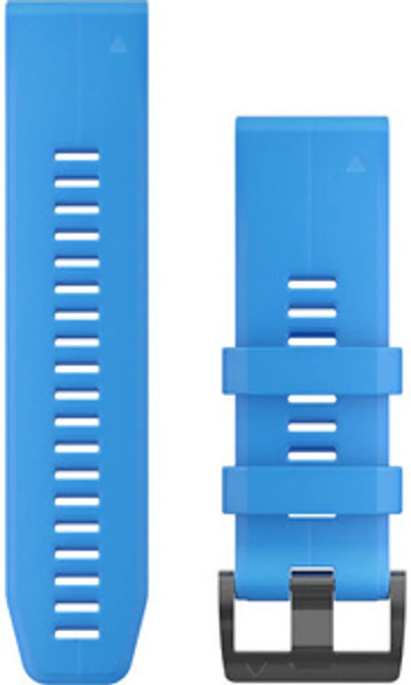 Cinturino Garmin QuickFit 26mm in silicone azzurro ciano mostrato in due parti affiancate con fori di regolazione e fibbia