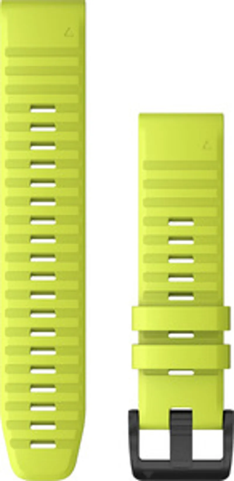 Bracelet de rechange Garmin QuickFit 22mm en silicone jaune et gris ardoise avec boucle noire, présenté en deux parties