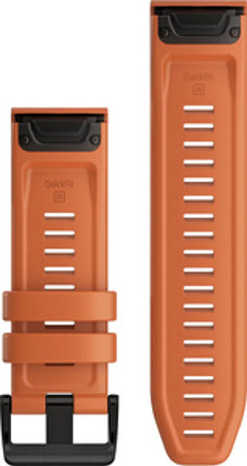 Correa de repuesto Garmin QuickFit 26mm en silicona naranja y gris pizarra con hebilla negra y ranuras de ajuste mostrada