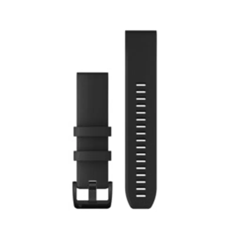 Black Garmin QuickFit 22mm silicone replacement watch band in two vertical pieces with buckle, loops, and adjustment holes