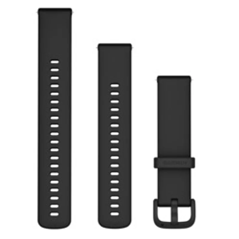 Cinturino Garmin Quick Release in silicone nero 20 mm con fibbia e fori di regolazione per orologi sportivi.