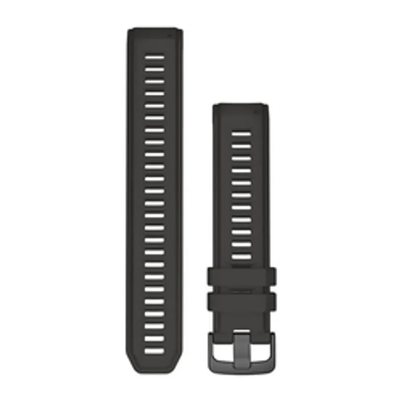 Cinturino di ricambio Garmin Instinct 22mm in silicone grigio scuro con fibbia e fori di regolazione su sfondo bianco.