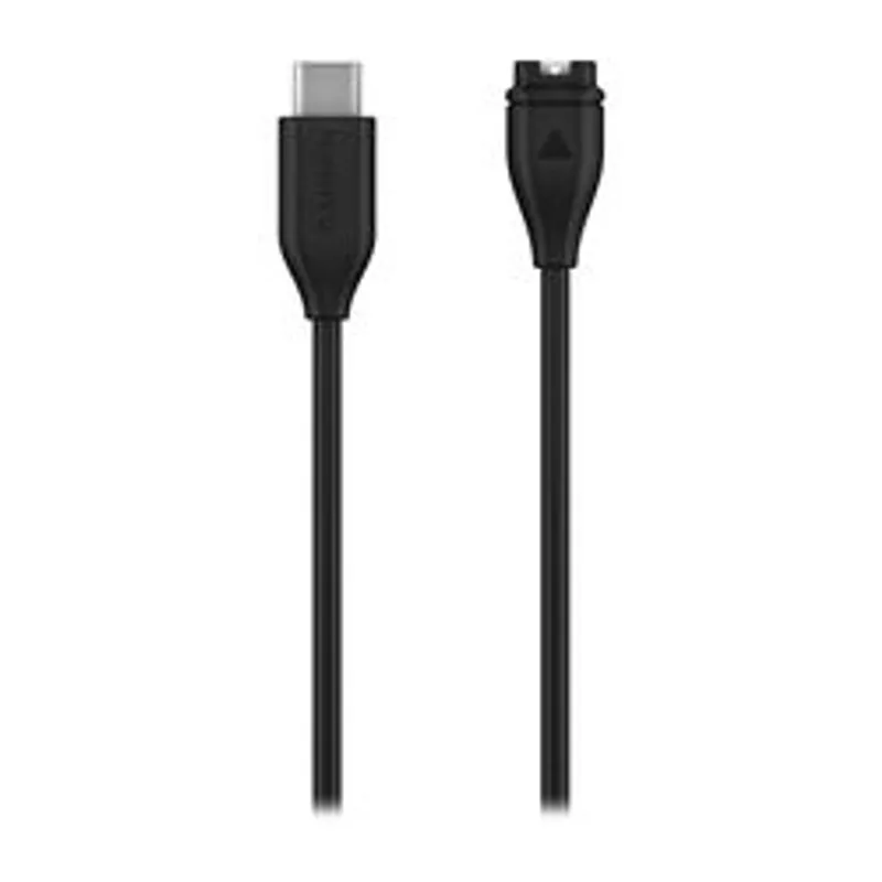 Garmin USB-C-Ladekabel mit schwarzem 0,5-m-Kabel, vertikal abgebildet: links USB-C-Stecker, rechts proprietärer Garmin-Clip