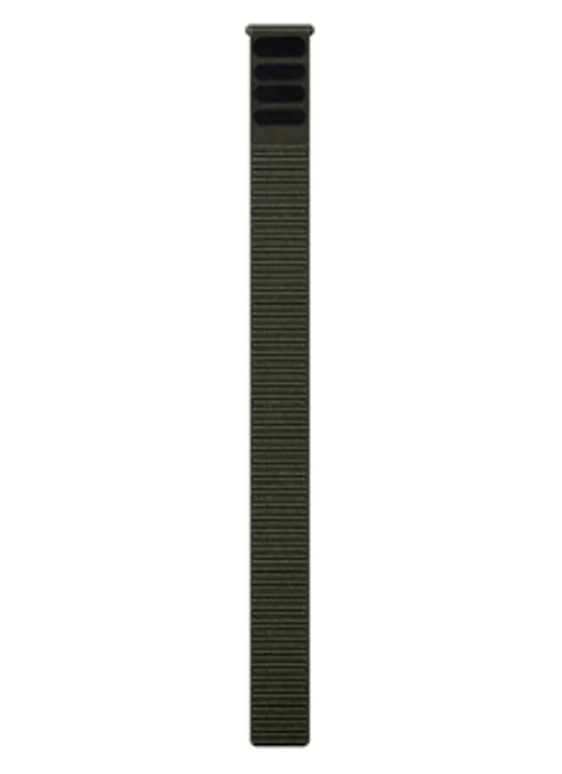 Correa Garmin UltraFit de 26mm en nylon verde musgo con textura tejida y conector negro superior para reloj.