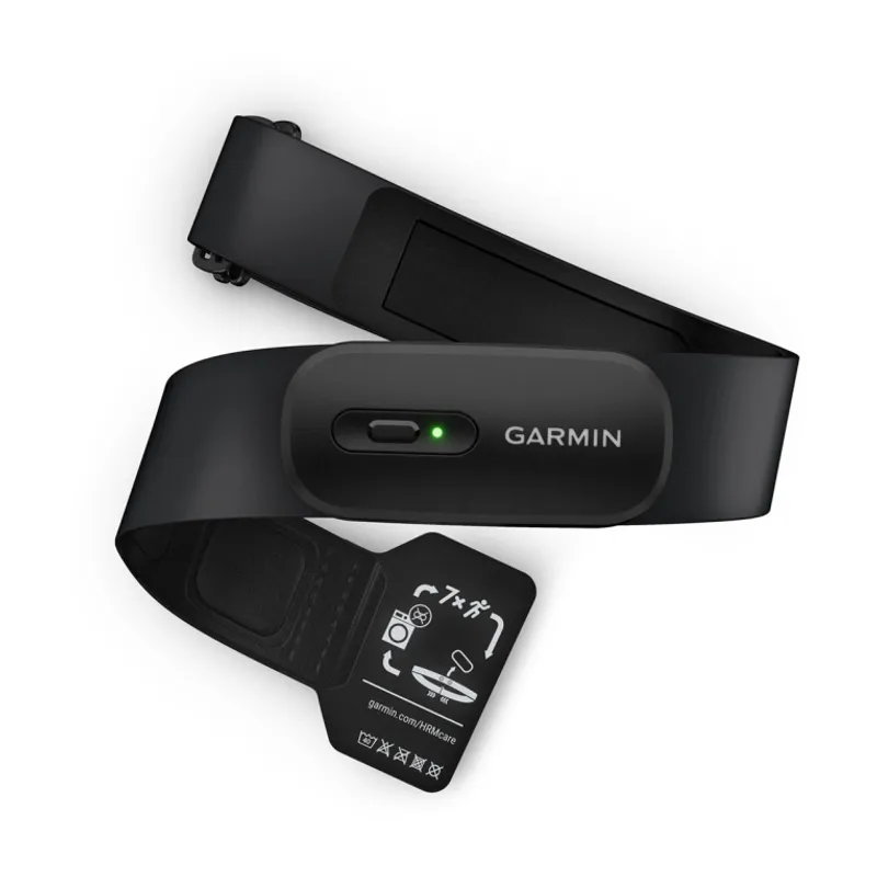 Ceinture cardio Garmin HRM 200 XS-S noire avec capteur central allumé et logo Garmin sur fond blanc.