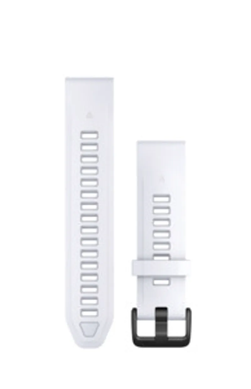 Bracelet de montre Garmin QuickFit 20mm en silicone blanc avec boucle métallique et trous de réglage présenté en deux
