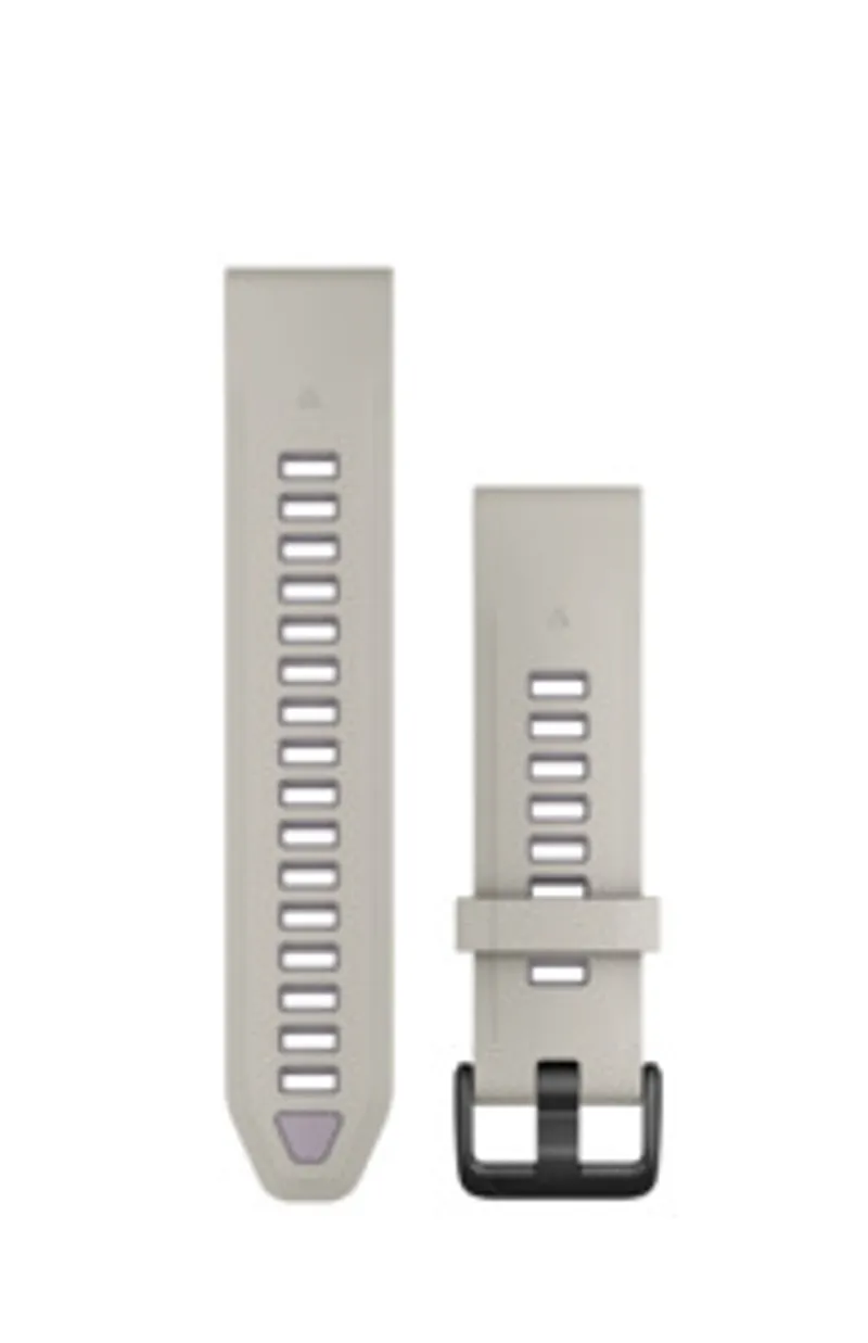 Cinturino Garmin QuickFit 20mm in silicone grigio nebbia con dettaglio lavanda, due pezzi affiancati su sfondo bianco con