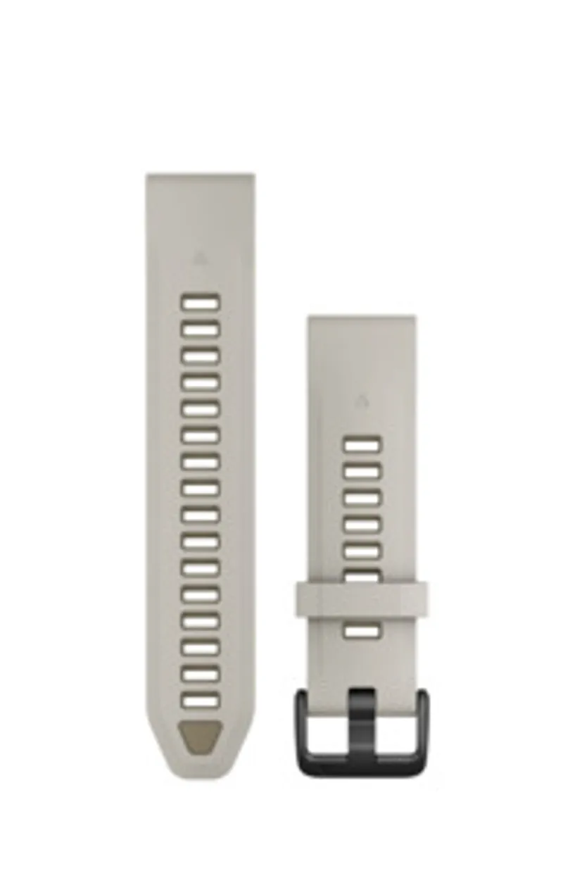 Garmin QuickFit 20mm silicone watch band in fog grey and sandstone with two vertical strap pieces—one with adjustment holes