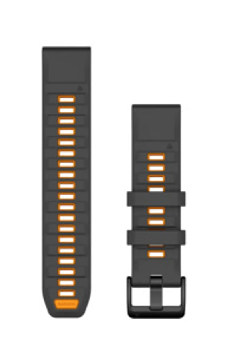 Bracelet de rechange Garmin QuickFit 22mm en silicone graphite/orange présenté en deux parties verticales avec trous